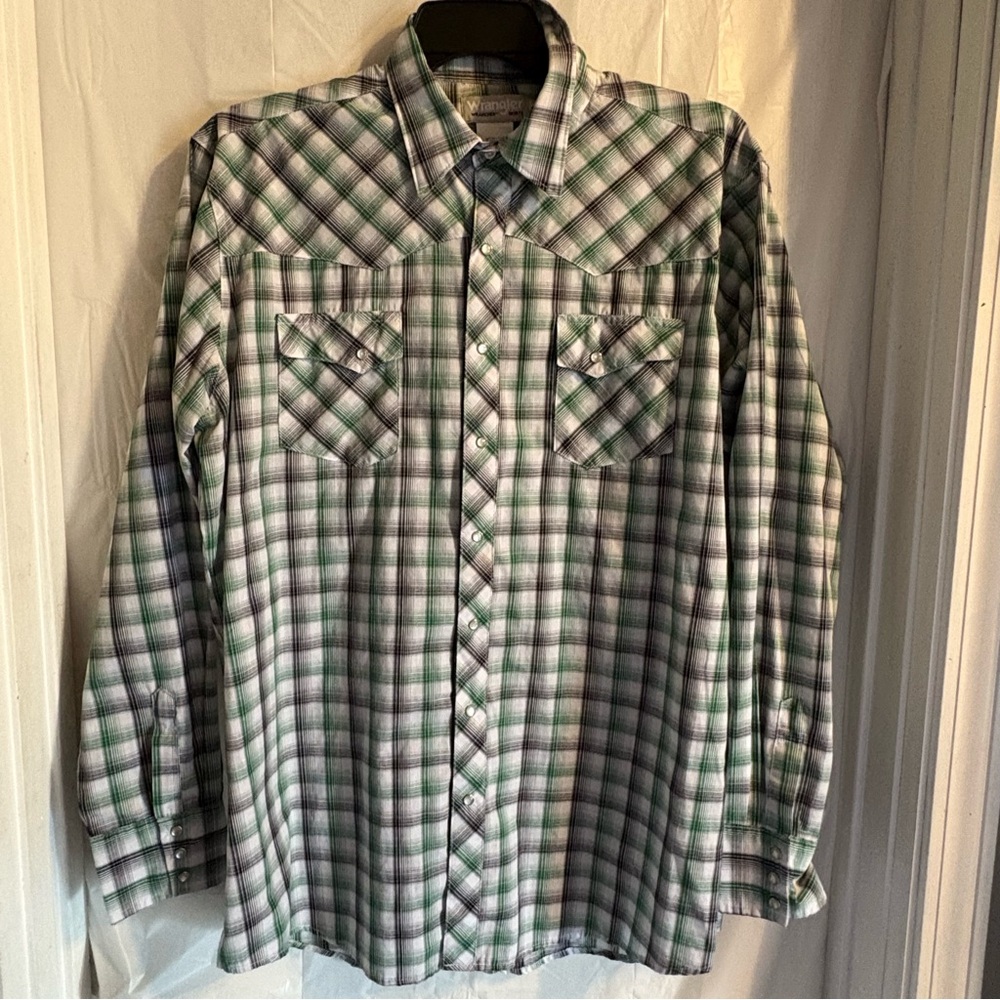 Wrangler Wrancher Pearl Snap Shirt Men XLT Green Black Plaid Long Sleeve Western